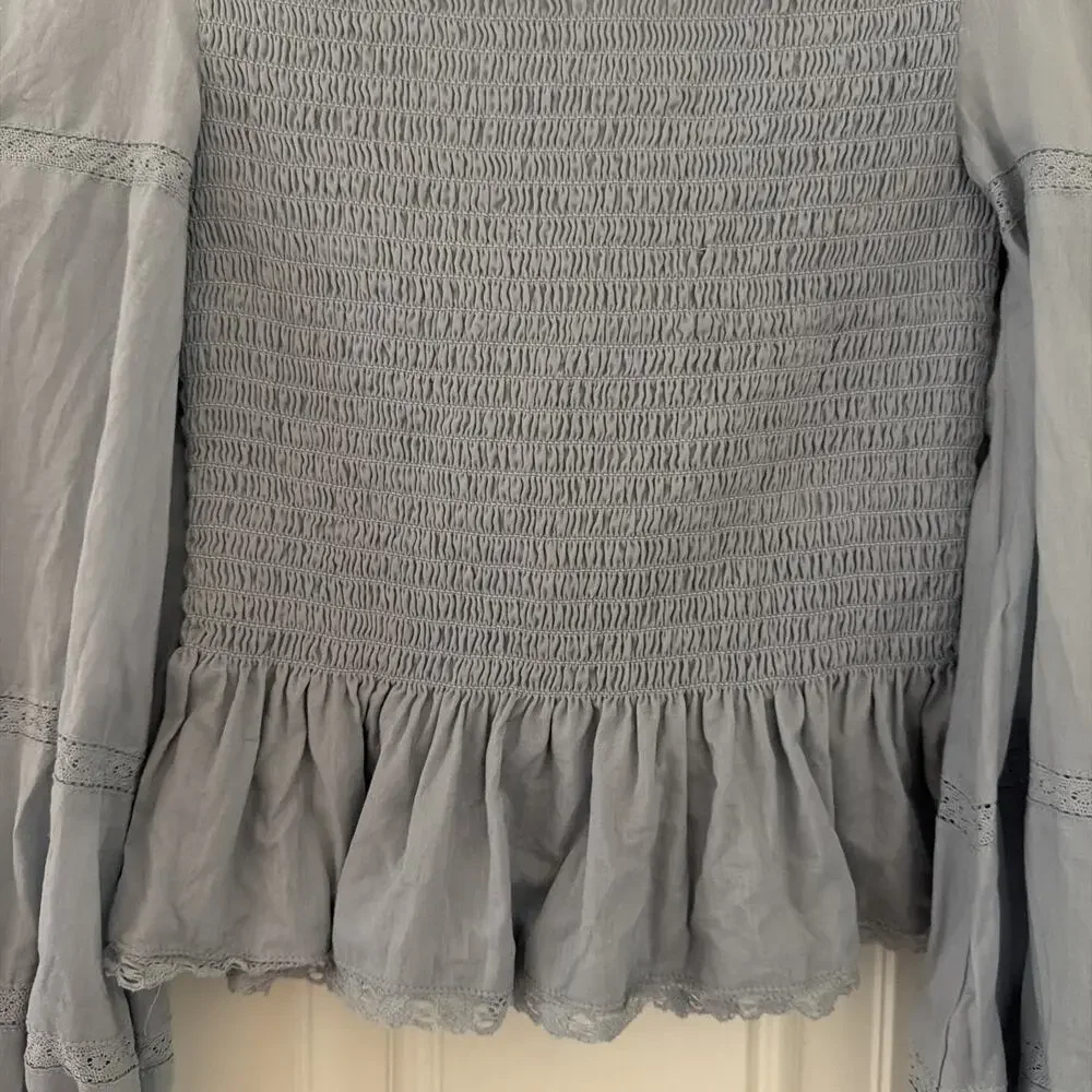 Reformation Roland‎ XS blue Mineral Square Neck Smocked Ruffle Peasant Blouse